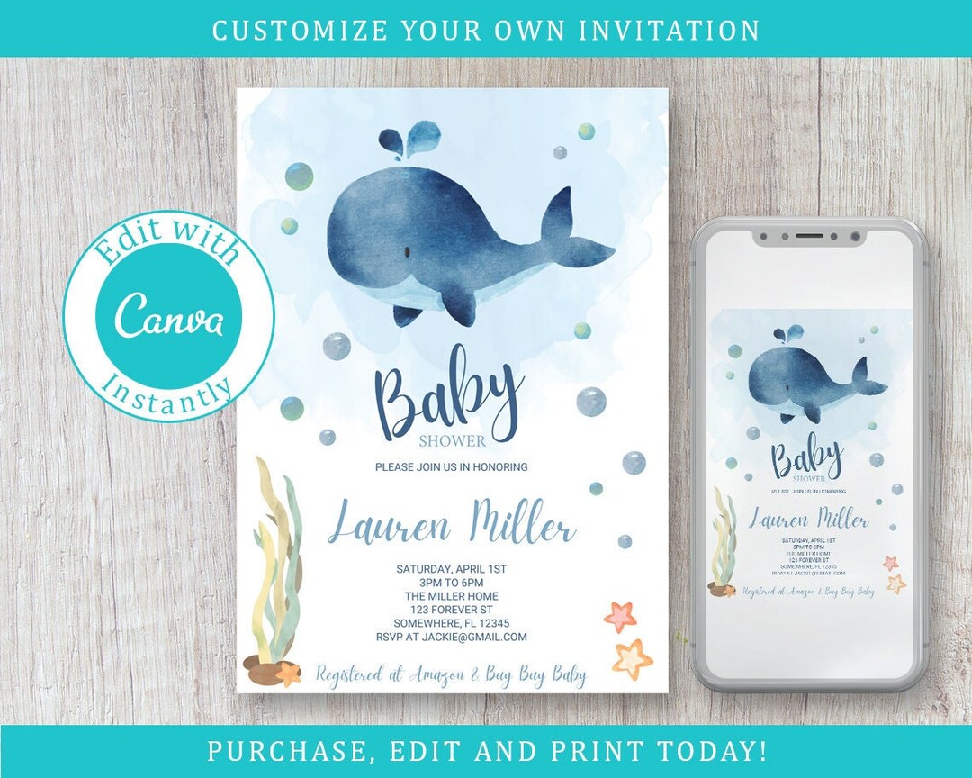 Baby Shower Whale Invitation Template Editable Invite Instant Download ...