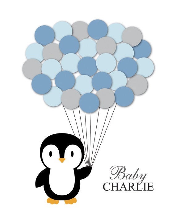 Penguin Baby Shower Guest Book Alternative Children Kid Birthday Balloons Poster Print Sign Personalized Unique Creative Fun Original