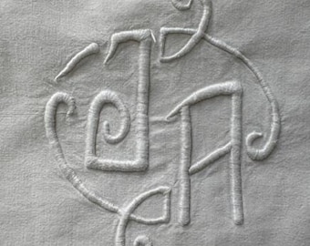 Antique French Linen / Flat Sheet Embroidered ART DECO Mono "JA" and Openwork.