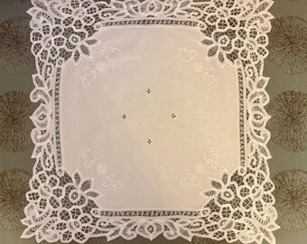 Antique French Linen /  Hand Made Hemstitched and Bobbin Lace Small Tablecloth.