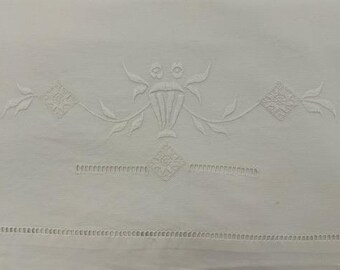 Antique French Linen /Flat Sheet with Floral Bucket Embroidered Design .