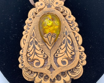 Birch Bark Pendant with Semi-Precious Stone from Ural Mountains on Leather Cord .