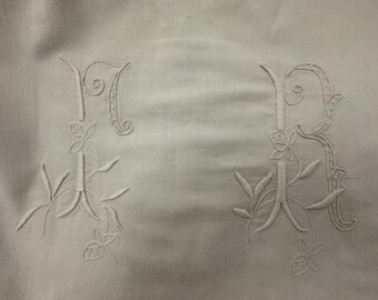 Antique French Linen /Flat Sheet Embroidered Mono "IR" and Openwork.