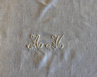 Antique French Linen /  Delicate Handmade with  Bobbin Lace Handkerchief, Linen Napkin with Embroidered "AM " Mono.