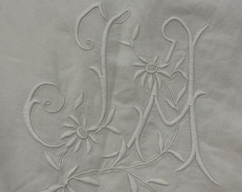 Antique French Linen /Flat Sheet with  Embroidered Mono "IA" and Openwork.