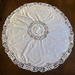 Antique French Linen /  Hand Made Hemstitched and Bobbin Lace Tablecloth.