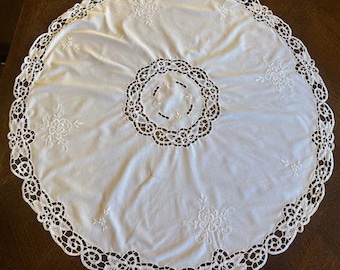 Antique French Linen /  Hand Made Hemstitched and Bobbin Lace Tablecloth.