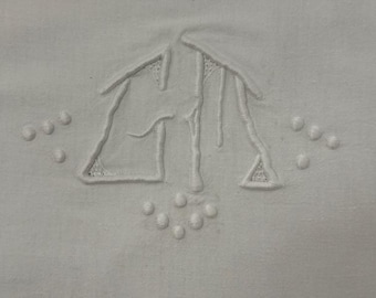 Antique French Linen / Flat Sheet with ART DECO Mono "GM" and Open Work.