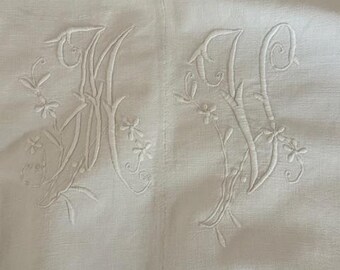 Antique French Linen /Flat Sheet Embroidered "MV" Mono.