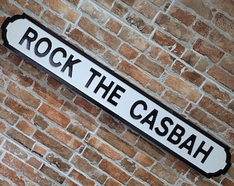 Placa de calle londinense personalizable de hierro fundido falso inspirada en The Clash, Rock The Casbah, ideal como regalo para decorar el hogar.