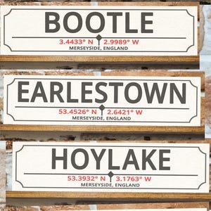 May include: Five rectangular signs, each displaying a town name: Birkenhead, Bootle, Earlestown, Hoylake, and Huyton. Each sign includes coordinates and "Merseyside, England". The signs are set against a brick wall background.