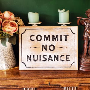 Könnte beinhalten: Ein Holzschild mit dem Text "COMMIT NO NUISANCE" in schwarzer Schrift. Das Schild wird von einer Vase mit rosa Rosen, zwei grünen Kerzen und einer kleinen Statue eines Flöte spielenden Jungen flankiert. Die Gegenstände sind auf einer Holzoberfläche angeordnet.