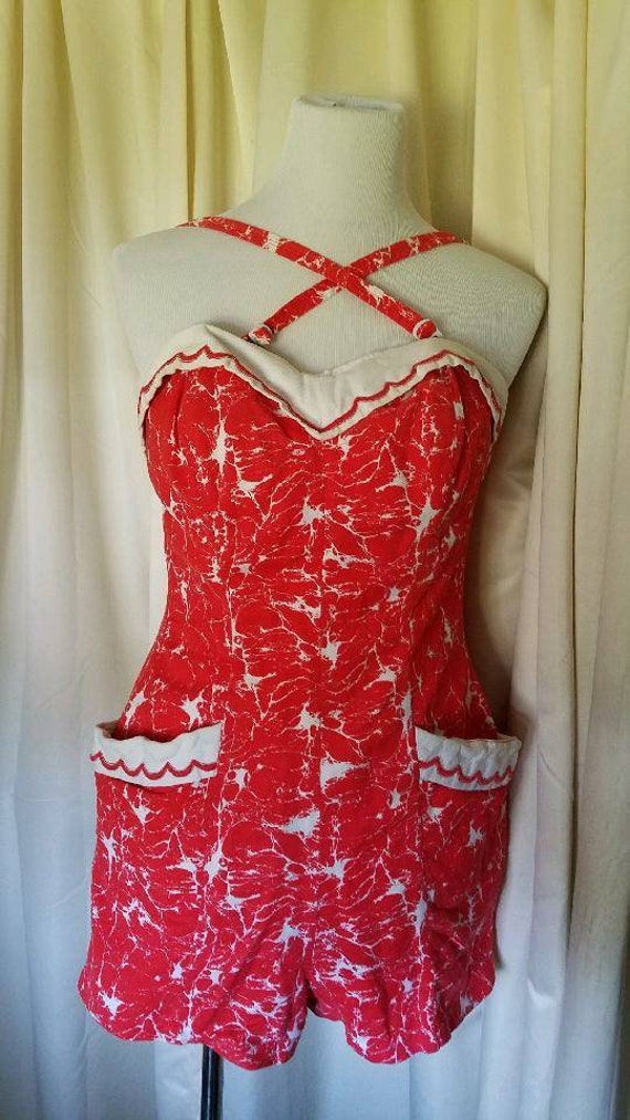 Vintage Orange Red Pinup Playsuit (L)