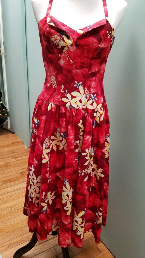 Vintage Red Kamehameha Hawaiian Print Dress (S)