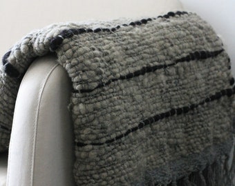 Grey wool woven blanket throw, hand woven decorative blanket