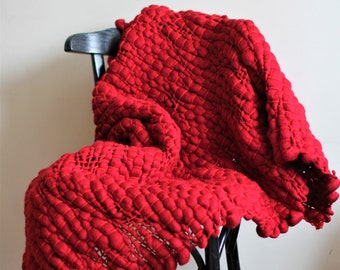 Super chunky woven wool blanket throw, merino wool sofa cover, Knitted cover blanket, Modern woven red blanket