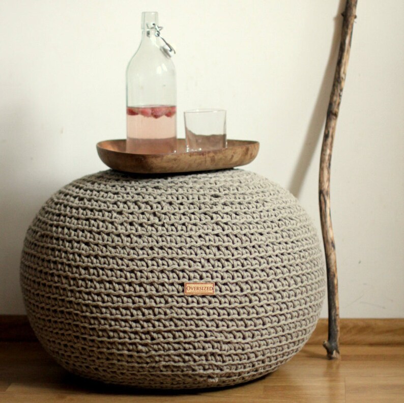 Large pouf Ottoman Grey pouf Round pouf crochet ottoman Linen pouf Knit pouf Organic Living room pouf footstool Linen home decor big pouf image 4