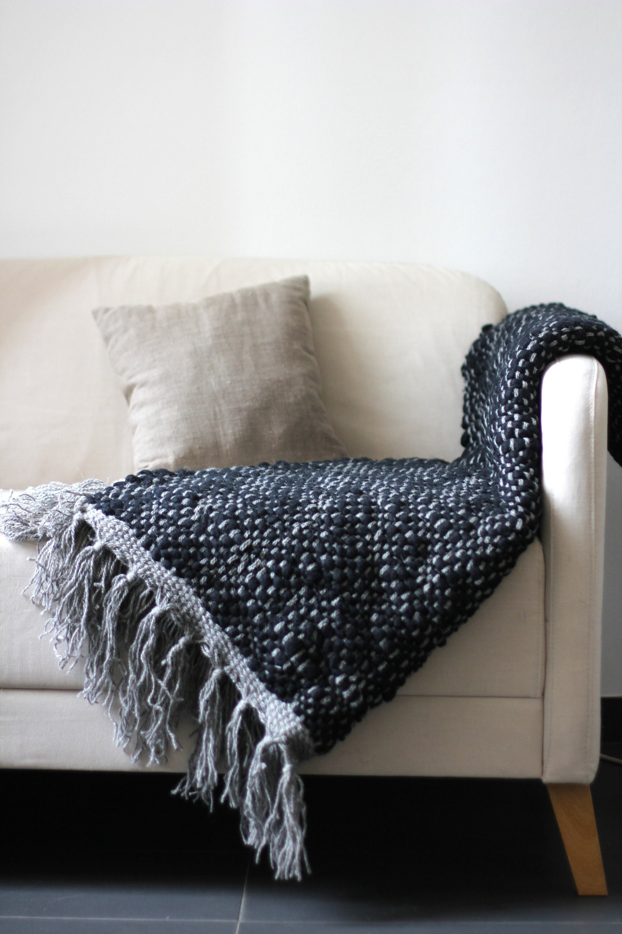 Black Hand Woven Wool Couch Throw Sofa Throw Merino Wool Etsy