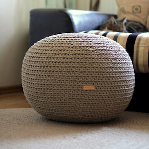 Large pouf Ottoman Grey pouf Round pouf crochet ottoman Linen pouf Knit pouf Organic Living room pouf footstool Linen home decor big pouf image 1