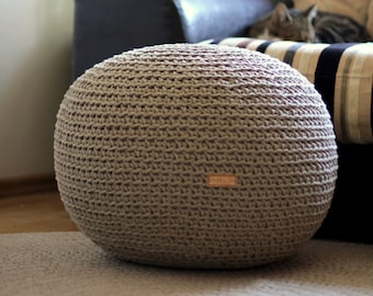 Large pouf Ottoman Grey pouf Round pouf crochet ottoman Linen pouf Knit pouf Organic Living room pouf footstool Linen home decor big pouf