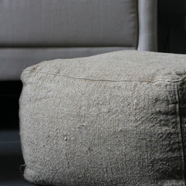 Rustic raw linen floor cushion pouf, beige washed linen ottoman, Modern beige bean bag chair