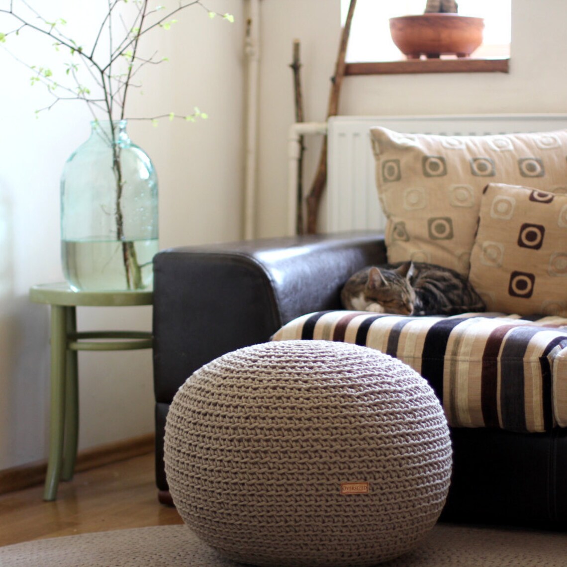 Boho Pouf Aus Seegras & Baumwolle – Rund, 50 Cm, Natürliches Beige