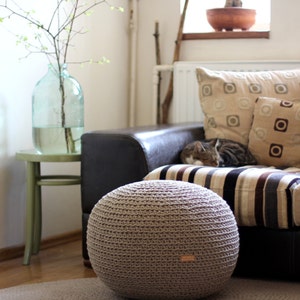 Large pouf Ottoman Grey pouf Round pouf crochet ottoman Linen pouf Knit pouf Organic Living room pouf footstool Linen home decor big pouf image 2