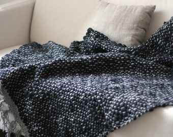 Black hand woven wool couch throw sofa throw, merino wool chunky woven black blanket, black gray bedroom blanket,