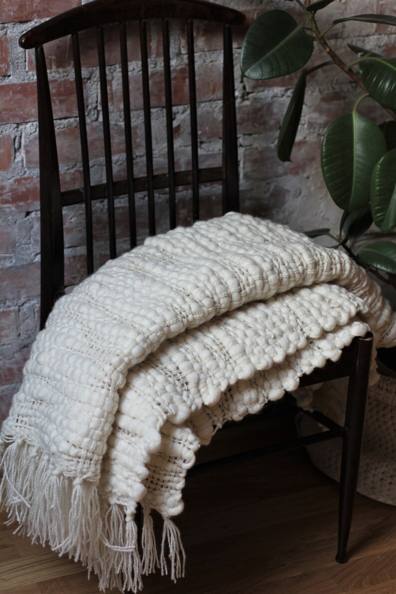 Woven wool blanket Bed Runner chunky woven white blanket Etsy