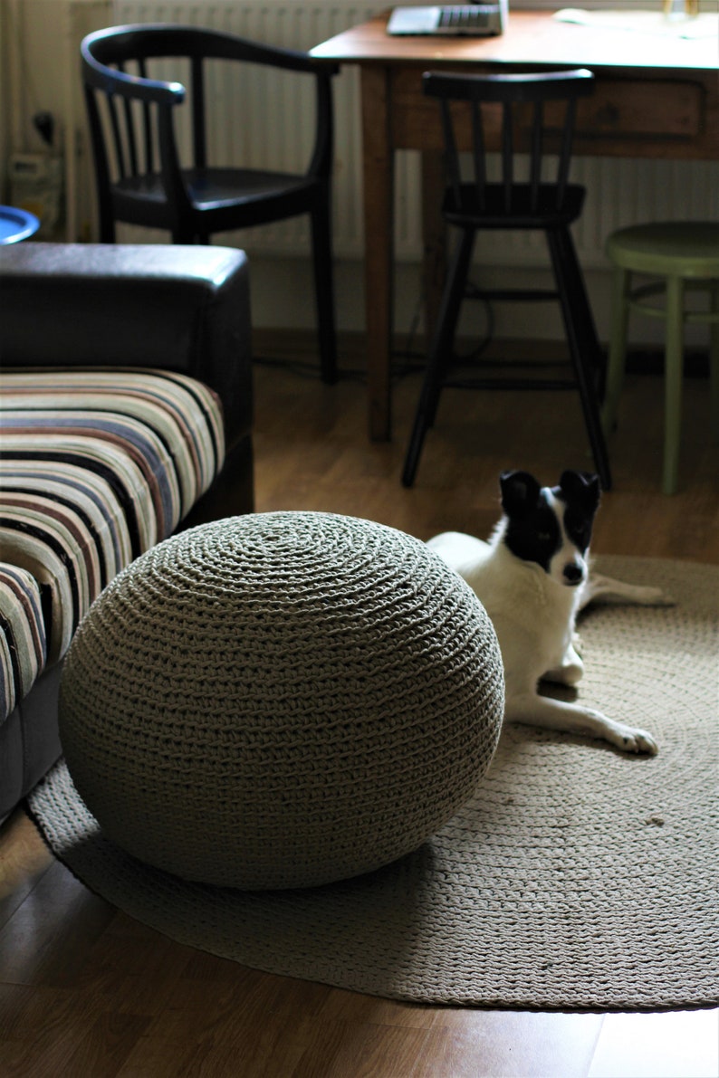 Large pouf Ottoman Grey pouf Round pouf crochet ottoman Linen pouf Knit pouf Organic Living room pouf footstool Linen home decor big pouf image 5