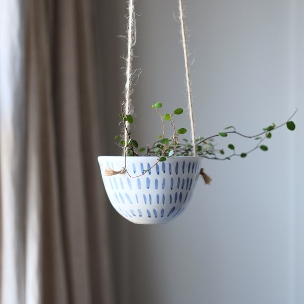 Ceramic Hanging Planter, Small, Blue and White,