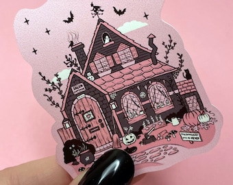 Pegatina de cabaña de bruja, arte de casa tenebrosa, pegatinas góticas