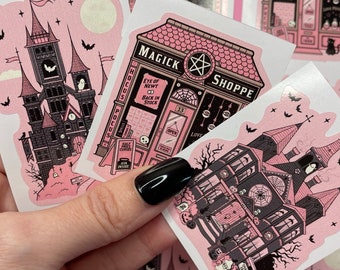 Haunted House Sticker Set, Spooky & Witchy sticker set, pink gothic stickers, spooky stickers,