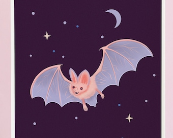 Cute Vampire Bat Art Print, Spooky Art, pastel goth room decor planner