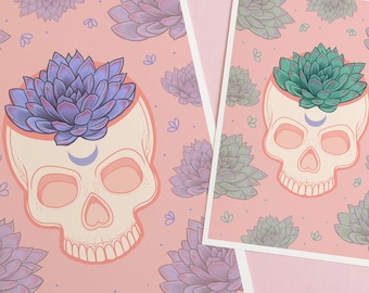 Pastel Goth Decor, Skull Succulent, Gothic Skeleton Art Print