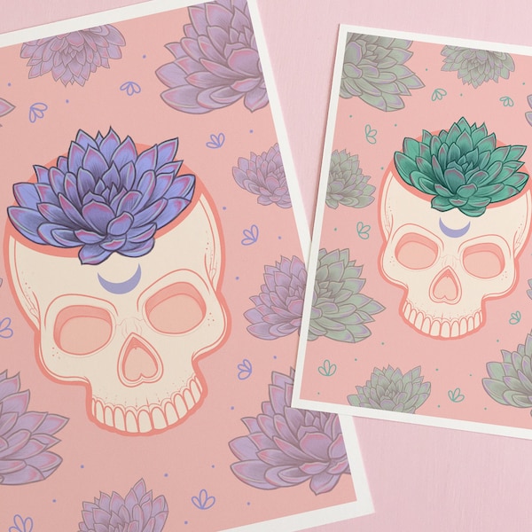 Pastel Goth Decor, Skull Succulent, Gothic Skeleton Art Print
