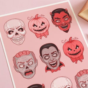 décoration d&#39;Halloween vintage, impression d&#39;art de masques de vampire citrouille diable, art mural horreur rose