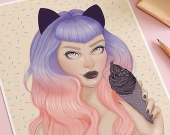 Pastel Goth Decor, Dark Ice Cream Girl Art Print, Gothic Home Decor Oddities