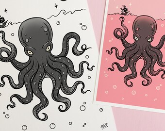 Cryptid Art, Cthulhu Sea Monster Octopus Art Print, Bathroom Decor