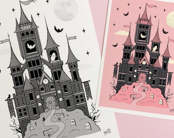 Dracula Vampire Castle Giclee Print, Gothic Spooky Art for a Pastel Goth Gift
