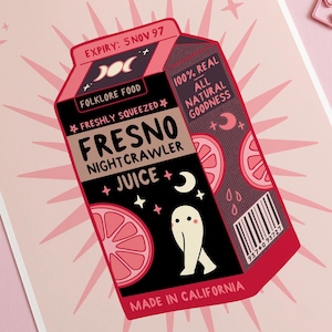 Fresno Nightcrawler Juice Art Print: Cryptid Folklore Food Poster