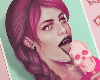 Pastel Goth Decor, Vampire Girl Art Print, Horror Decor