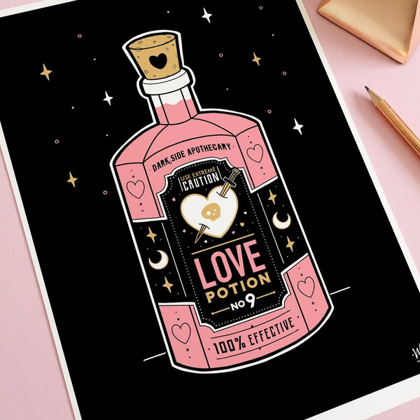 Witch 'Love Potion Bottle' Art Print, gothic home decor, spooky pastel goth room decor