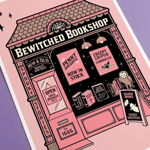 Arte gótico pastel, impresión de bruja de la librería Bewitched, decoración gótica para el hogar, brujería espeluznante
