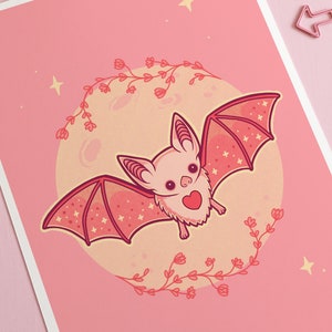 Schattige roze vleermuis en maan kunstprint, Spooky Art, pastel goth kamerinrichting planner