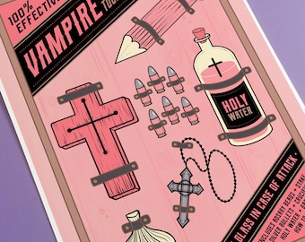 Vampire Hunting Kit Art Print, Spooky Decor, gothic home decor, halloween