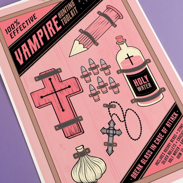 Vampire Hunting Kit Art Print, Spooky Decor, gothic home decor, halloween