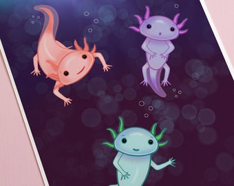 Cute Axolotl Art Print Poster, Cute Kawaii Axolotl Birthday Gift