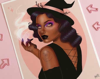 Witch Decor, Witch Girl Art Print, Pastel Goth Halloween