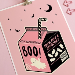 Impressão artística de caixa de leite com fantasma assustador, decoração de Halloween gótica em tons pastel